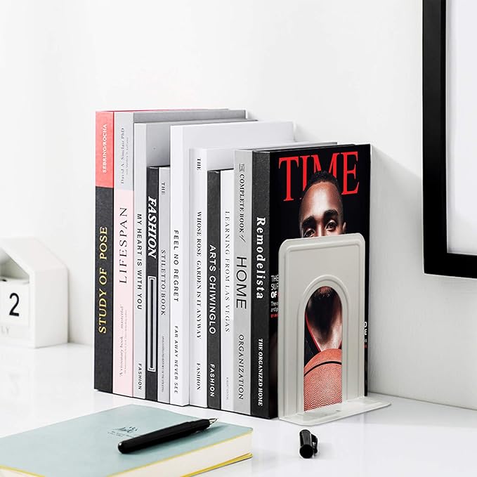 HappyHapi Book Ends, Non-Skid Metal Bookend for Shelves, Heavy Duty Book Ends, Office Book Stopper, 6 x 5 x 6 Inches, 6 Pieces / 3 Pairs (White)