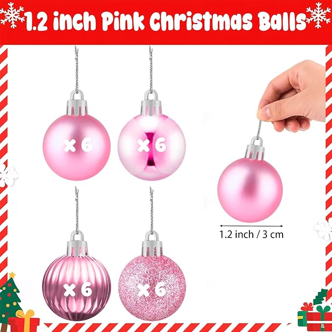 Set of 24 Mini Pink Ornaments for Mini Tree, Small Pink Christmas Ornaments Balls for Christmas Tree, 1.2 inch Tiny Plastic Shatterproof Hanging Bulbs Xmas Valentine Party Indoor Outdoor Decorations