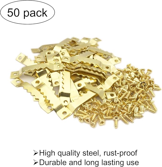 50 Pack Small Sawtooth Picture Hangers Steel Picture Hangers Picture Frames Hangers with Screws Picture Hang Solutions, for Hanging Clock Paintings Artwork Picture Frame Hook Photos(Gold)