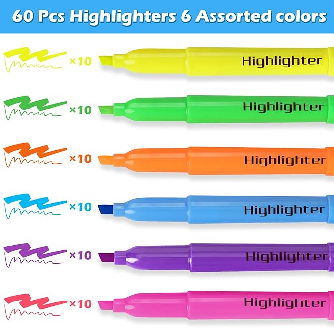 KIZZYEA 60 Pack Highlighters in 6 Assorted Colors, Chisel Tip Dry-Quickly Highlighters Bulk, No Bleed Highlighter Markers for Adult Kids, School Supplies for Teachers, Office Classroom Must Have