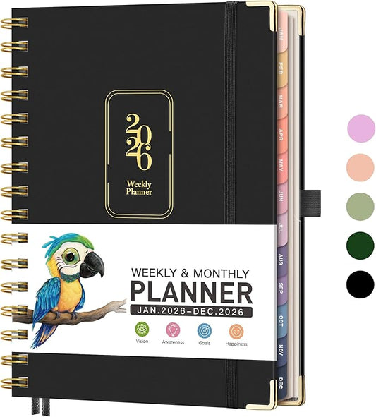 RETTACY 2026 Planner, Weekly and Monthly, Medium Size (5.7" x 8.3"), Jan - Dec 2026, Agenda, Calendar, 12 Month Tabs, Hardcover, 100 GSM Thick Paper, Spiral-bound (Black)