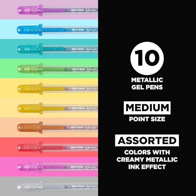 SAKURA Gelly Roll Metallic Gel Pens - Pens for Scrapbook, Journals or Drawing - Art Gifts, DIY Projects - Colored Metallic Ink - Medium Line - 10 Pack