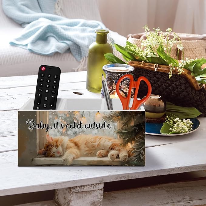 Winter Christmas Cat Pen Pencil Holder Organizer for Desk Accessories, Cat Mom Lovers Gifts for Women Wooden Box Sign Desk Decor for Office Decoration, Christmas Office Decor