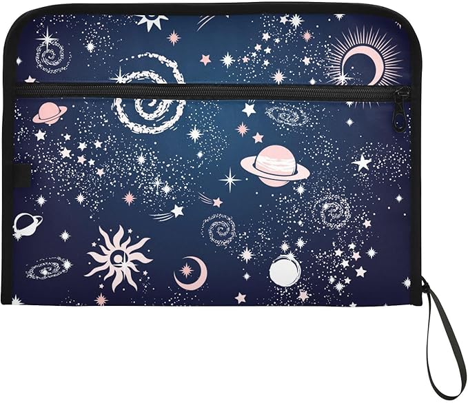 Expanding File Folder - Space Galaxy Pattern 13 Pocket Accordion File Folders with Sticky Labels, A4 Letter Size Paper Document Organizer with Zipper Closure for Office School Boys Girls