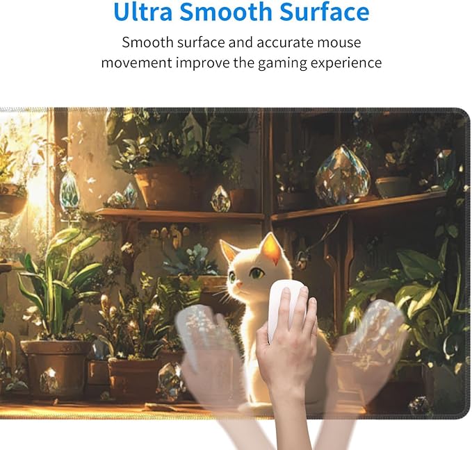 Cat Plant Mouse Pad 31.5 X 11.8 Inch Big Desk Rubber Base Stitched Edges Keyboard Pad XXL Mouse Mat for Home Game and Office