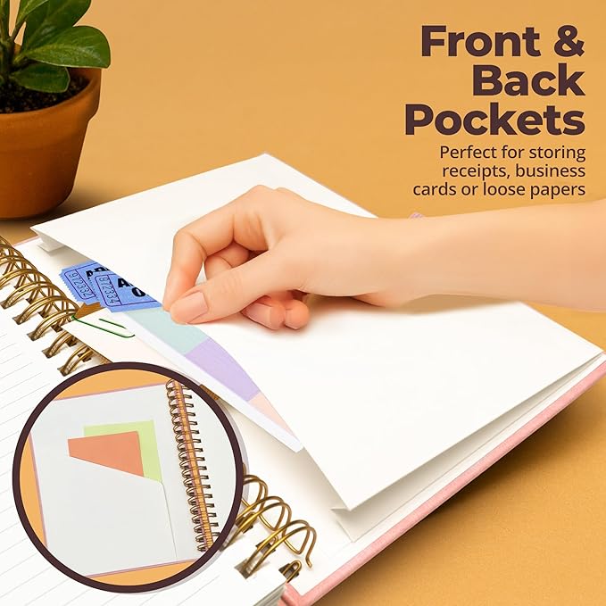 Hardcover Leather Lined Spiral Notebook 8x10" with Removable Dividers - Pink - 300 Pages 5 Subject College Ruled Notebook for Work with Tabs, Pockets, and Pen Loop for Note Taking, Large Journal