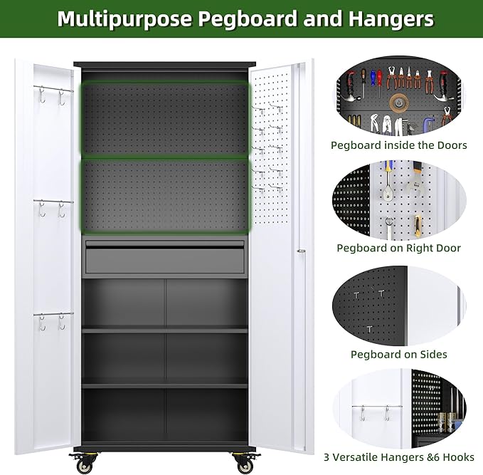 Aobabo Garage Storage Cabinet with Wheels, Metal Tool Storage Cabinet with 1 Drawer for Home,Assembly Required,Black&Grey