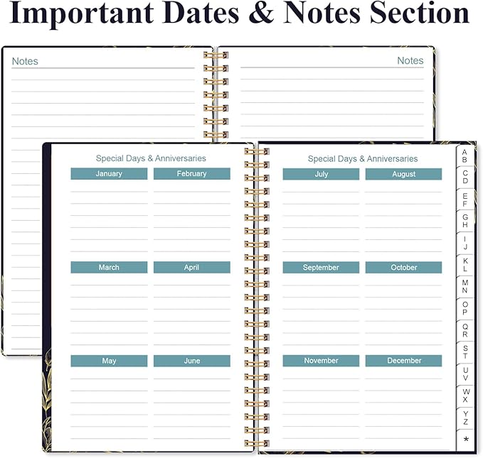 Address Book with Alphabetical Tabs - Small Address Book Spiral with Address Contacts, Special Date, Phone, Birthday & Internet Login Password for Home and Office, 4.3" x 6.2", Black Flower