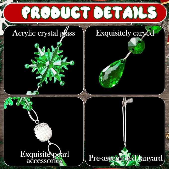 Lanpn 22pcs Christmas Ornaments Crystal Christmas Tree Decoration, Hanging Clear Acrylic Snowflake Icicle Drop Crystal Pendants for Xmas Tree Winter New Year Outdoor Indoor Party Decoration (Green)