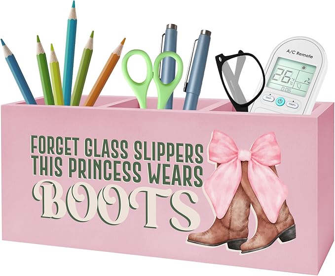 Coquette Pink Bow Cowgirl Makeup Brush Toothbrush Holder, Cowgirl Gifts, Pink Western Wooden Pen Pencil Holder Organizer for Home Office Desk Accessories, Western Gifts for Women