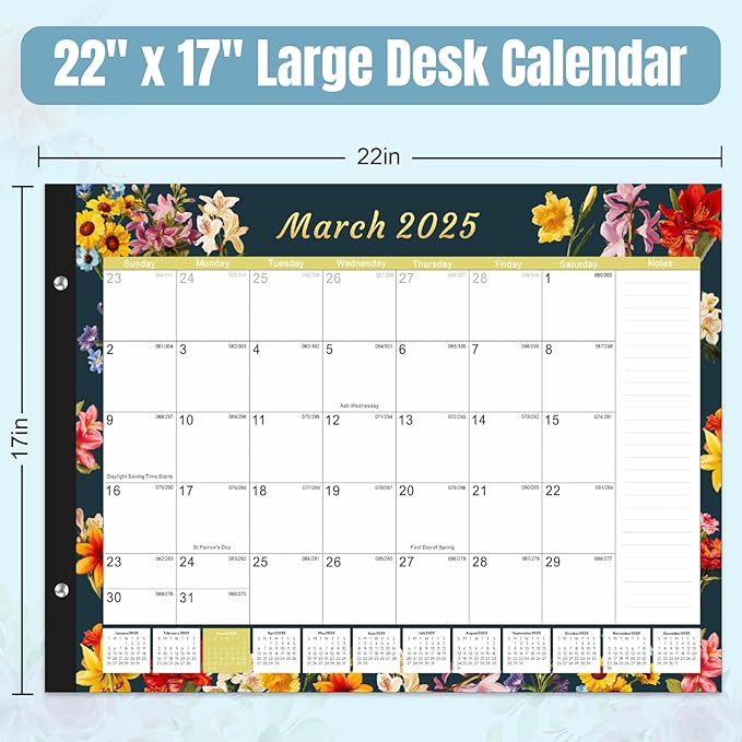 Gannyfer Desk Calendar 2025-2026, Large 22"x17" Desktop Calendars 18 Month Jan 2025 - Jun 2026, Monthly Planner Pad with Plastic Cover -Dark Floral