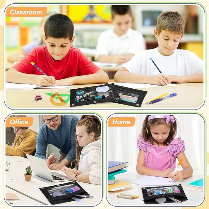 Shemira Pencil Pouch for 3 Ring Binder, Binder Pencil Pouch with Smooth Zipper, Clear Window Pencil Case for Binder, Zipper Pencil Pouches, Big Capacity 3 Ring Binder Pencil Bag, Black