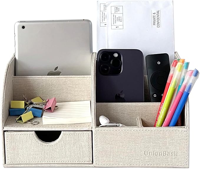 UnionBasic Desk Organizer, Multi-functional Leather Desktop Office Organizer, Pen Holder - Business Card/Pen/Pencil/Mobile Phone/Stationery Holder Storage Box, Beige