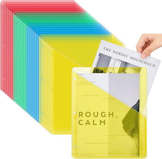 Seajan 48 Pcs Pocket Folders for 3 Ring Binder Clear Plastic Folders Sleeves with 2 Pockets 3 Hole Punch Binder Dividers Poly Slash File Jackets for Office School Document Organizer (Multicolored)