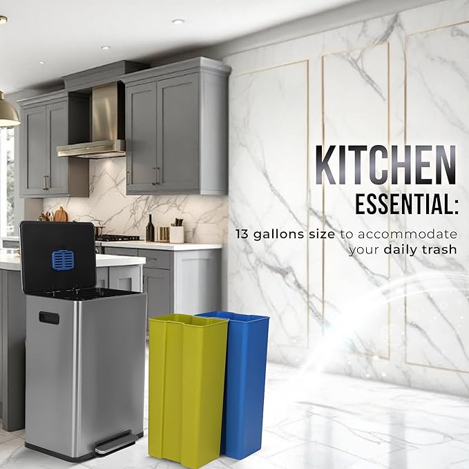 Simpli-Magic 16 Gallon (60L) Step Trash Can – Dual Compartment Kitchen Garbage Can – Waste & Recycling Bins, Slow-Close Lid, Odor Control, Hands-Free, Easy to Clean, Infinity Edge Stainless Steel