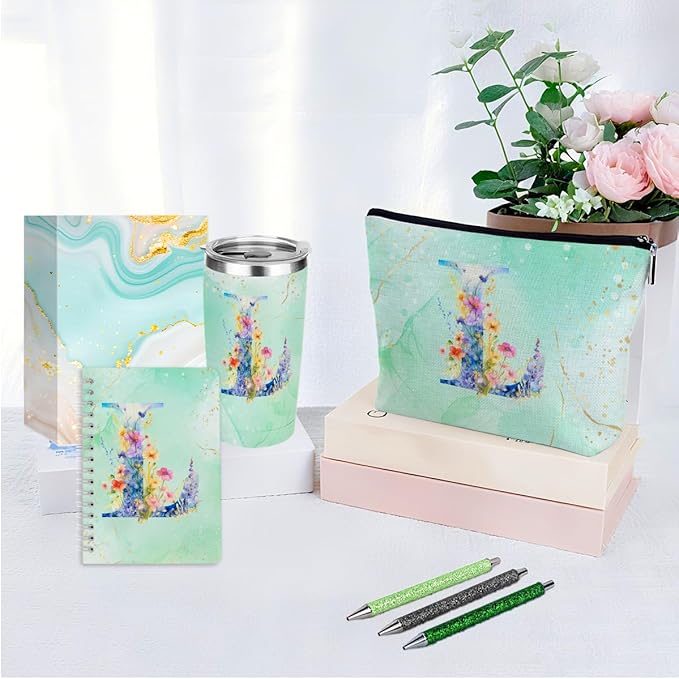 Personalized Gifts Monogrammed Birthday Gifts for Women, Mama New Mom Thanksgiving Wedding Christmas Initial 20 oz Tumbler, Makeup Bag Cup Pens Journal Notebook 6 Set, (Aesthetic Green Flower L)
