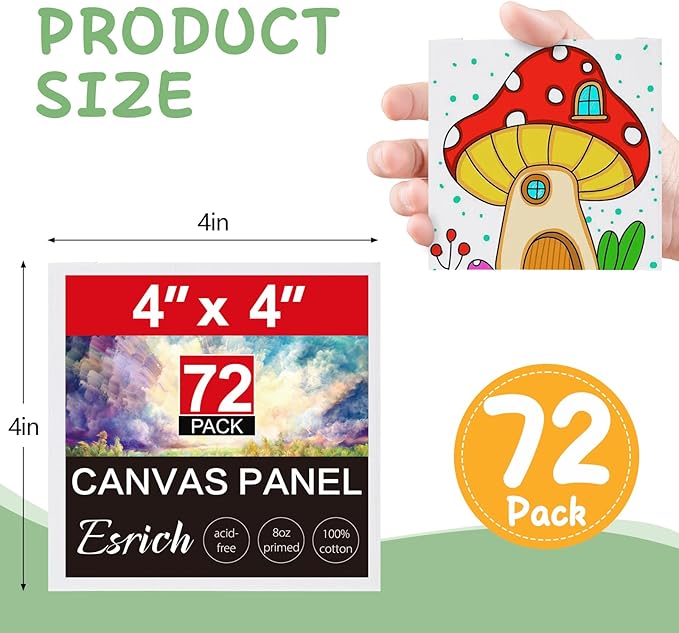 ESRICH Mini Canvases for Painting, 4x4In Canvas in Bulk 72 Pack Small Canvas Panels Cotton Paint Canvas Primed Acid Free Blank Canvas Boards for Oil,Watercolor,Acrylic,Gouache & Tempera