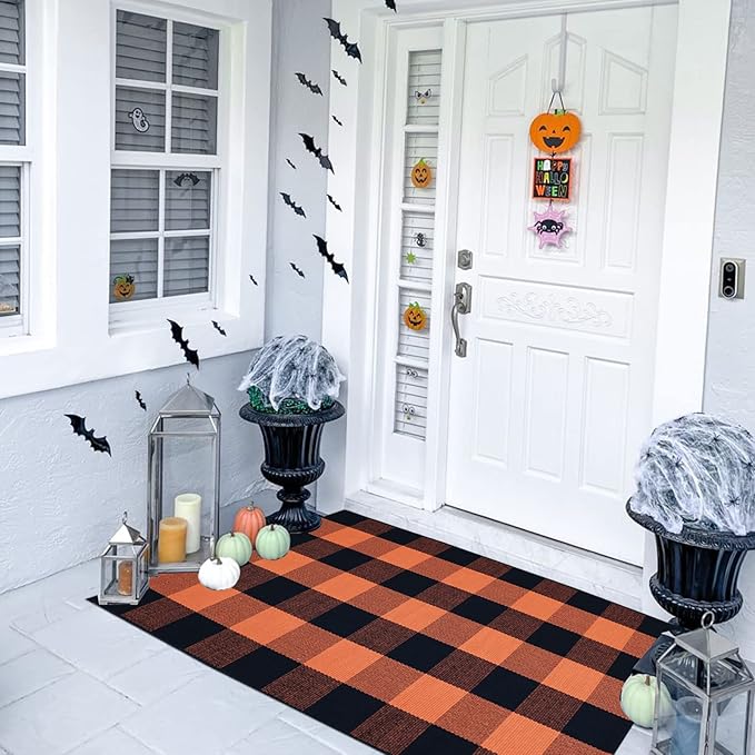 Fall Décor Orange and Black Plaid Rug, 2'4" x 3'7" Fall Outdoor Front Door Decorative Mat, Hand-Woven Rug for Layered Door Mats Washable Carpet for Porch, Entryway, Farmhouse, Autumn, Halloween