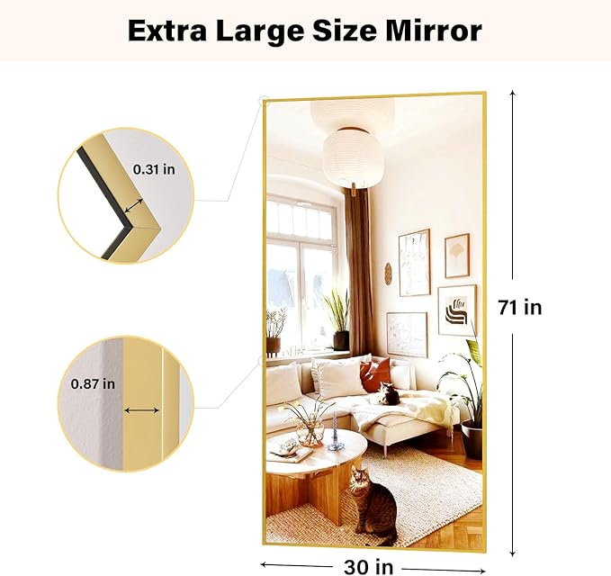 Extra Large 71"x30" Full Length Mirror - Standing, Hanging, or Leaning Rectangle Mirror for Wall or Floor - Wall-Mounted Full Body Dressing Mirrors with Aluminum Alloy Frame for Living Room - Gold