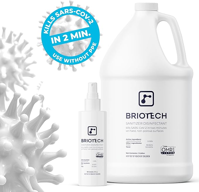 BRIOTECH Sanitizer Disinfectant Hypochlorous, Kill 99.99% of Viruses & Bacteria, Control Mold, Eliminate Odor, Gentle for Nursery & Play Rooms, Food Contact Surface Sanitizer, 1 Gallon Refill (4 Pack)