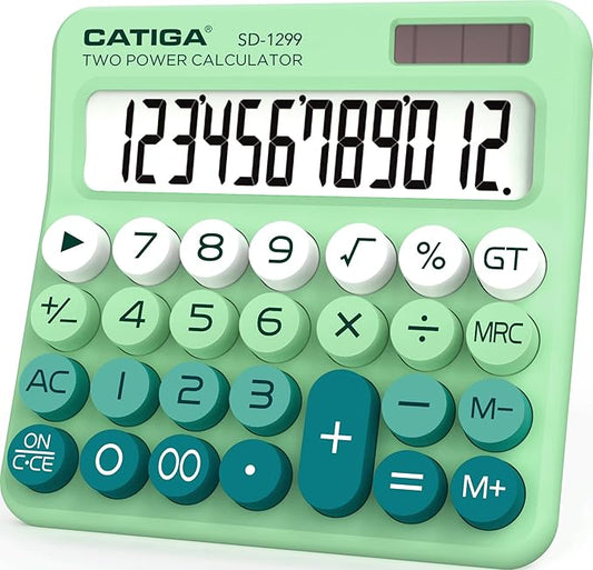 CATIGA Mechanical Switch Calculator with Solar and Battery Dual Power, 12-Digit Large LCD Display, Aesthetic and Cute Desktop Calculator with Big Button, for Home, School and Office Use, SD-1299