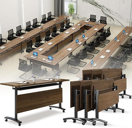 Folding Conference Room Table, Modern Conference Tables with Wheels, Large Rectangular Mobile Training Tables for Office Classroom, Foldable Modular Boardroom Seminar Table Walnut (6pack L63in)