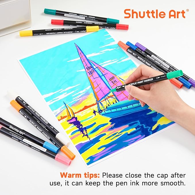 Shuttle Art 28 Colors Dual Tip Acrylic Paint Markers, Brush Tip and Fine Tip Acrylic Paint Pens for Rock Painting, Ceramic, Wood, Canvas, Plastic, Glass, Stone, Calligraphy, Card Making, DIY Crafts