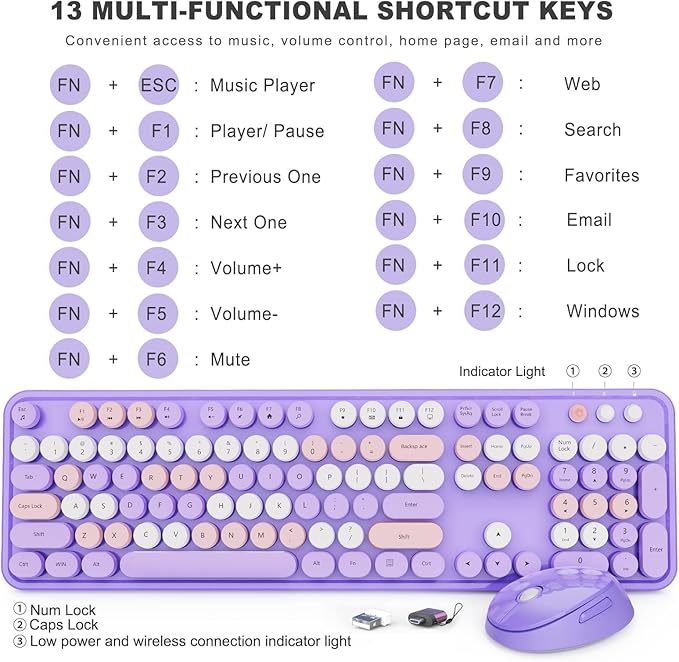 Wireless Keyboard and Mouse Combo, Ergonomic Full Size Typewriter Retro Round Keycaps Keyboard, Compatible with Windows, PC, Perfer for Home and Office Keyboards (Purple