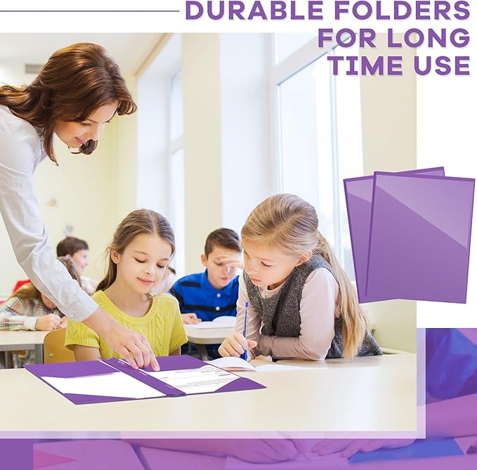 Henoyso 36 Pcs Plastic Folder with Clear Front Pocket and 3 Prong Plastic Folders with Card Slot Pocket Folders with Prongs for School Office (Purple)