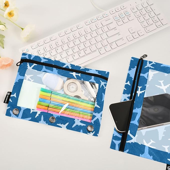 Airplanes in The Sky Pencil Pouch for 3 Ring Binder, 2 Pack Waterproof Pencil Bags Clear Window Zipper School Office Supplies