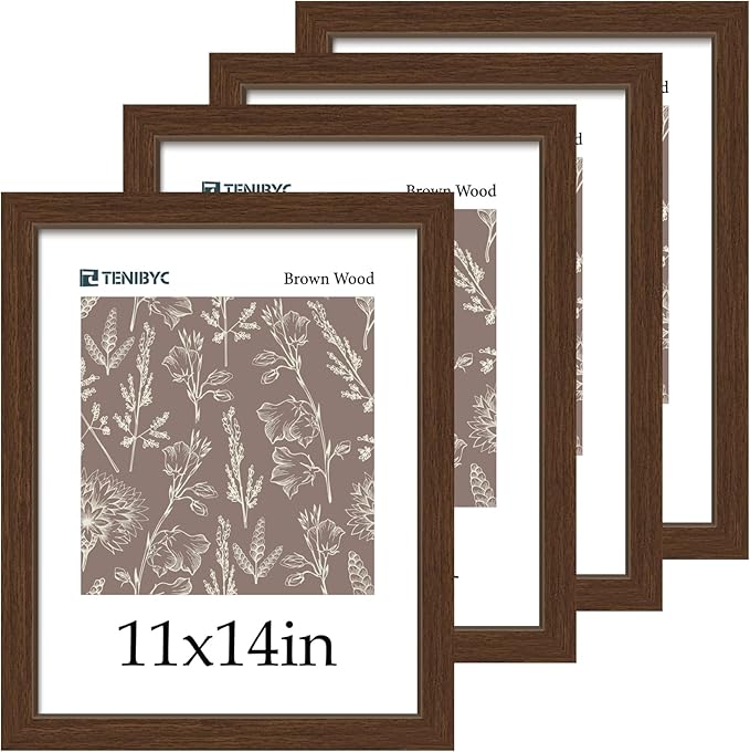 11x14 Picture Frame Set - 4 Pack, Brown Wood Grain 11 x 14 Photo Frame, HD Tempered Glass, Wall Hanging, Gift for Friend