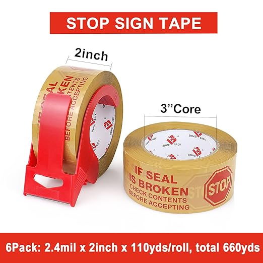 Stop Sign Sealing Tape Pre-Printed " IF SEAL IS BROKEN,CHECK CONTENTS BEFORE ACCEPTING" ,Heavy Duty Packing Tape with Dispenser 2 Inch x 110 Yards,Packaging Tape for Moving and Shipping (Brown)