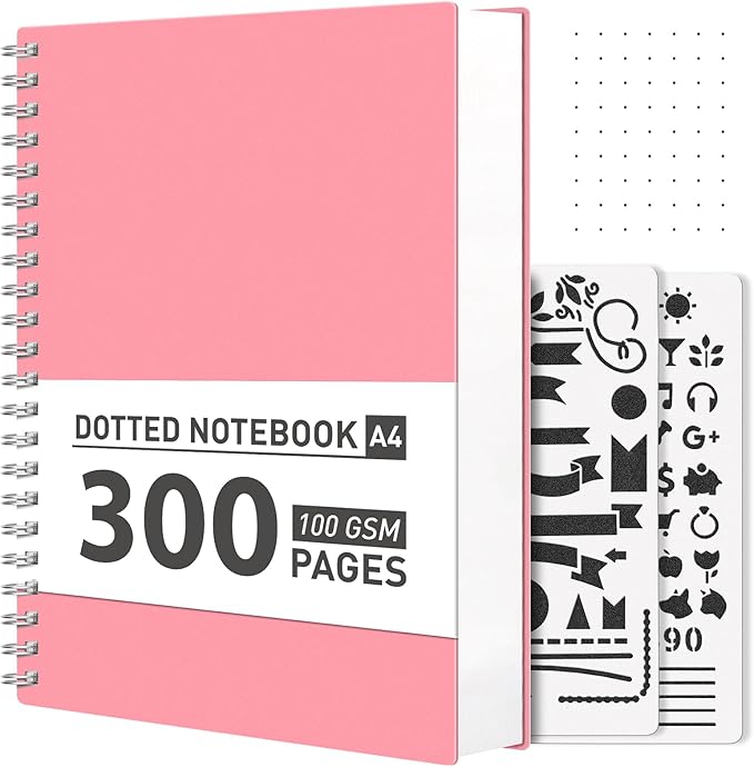 AHGXG Bullet Dotted Journal Spiral Notebook - Large A4 Dotted Notebook 8.5''×11'', 300 Pages Dot Grid Notebook, 100gsm Thick Paper, Plastic Hardcover, with Journal Stencils - Pink