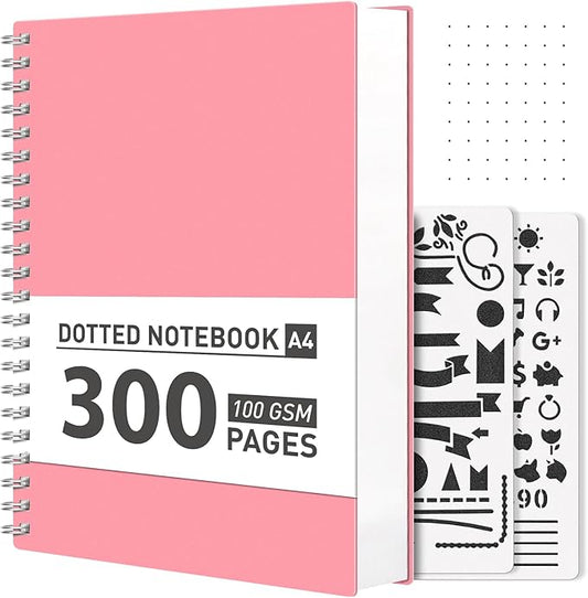 AHGXG Bullet Dotted Journal Spiral Notebook - Large A4 Dotted Notebook 8.5''×11'', 300 Pages Dot Grid Notebook, 100gsm Thick Paper, Plastic Hardcover, with Journal Stencils - Pink