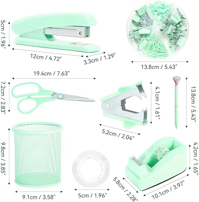 Green Desk Accessories, Pink Office Supplies Set with Stapler, Tape Dispenser, Staple Remover, Pen Holder, Scissor, Binder/Paper Clips, Ballpoint Pen, Clear Tape and 1000pcs Staples