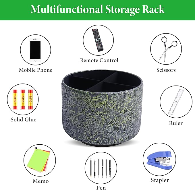 lizimandu Round Leather Art Supply Organizer,Remote Control Holder,360 Degree Spinning,Multi-Functional Pencil Holder,4 Compartments Desktop Stationary Organizer(1-Carved Metal Green2)