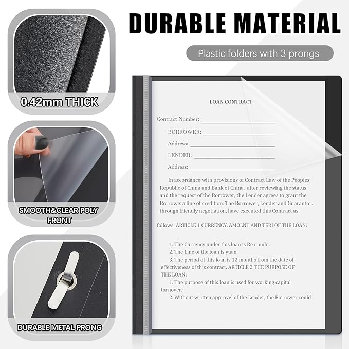 Teling 100 Pcs Plastic Report Covers with 3 Prong Fasteners 11.42 x 9.45 Inch Clear Front Report Covers Bulk Presentation Folders for School Document(Black)