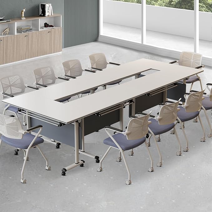 Folding Conference Table, Modern Large Conference Room Tables with Flip-Top Design, Foldable Conference Table Meeting Table with Wheels, Mobile Seminar Training Tables for Office Classroom (8, Gray)