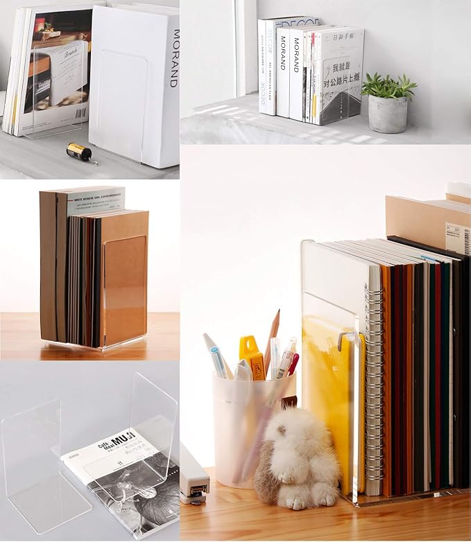 MerryNine 8 Pcs Plastic Acrylic Bookends, Clear Acrylic Non Skid Book Ends Organizer Bookshelf Decor Decorative Bedroom Library Office School Supplies Stationery Gift (7.08"x4.72"_4 Pairs)