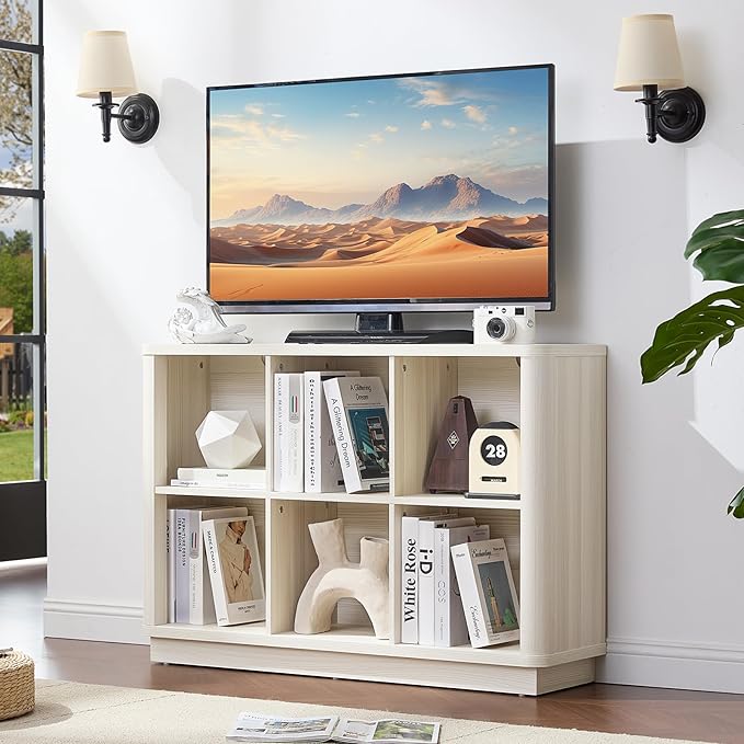 6 Cube Bookcase, 40" Wide Low Horizontal Book Shelf w/Curved Edge, Wood Floor Standing 2-Tier Bookshelf with Base, Modern Short Storage Cabinet Book Case for Bedroom, Office, White Cream Oak