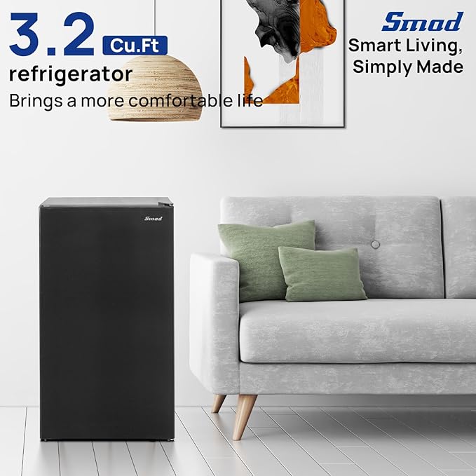 Smad 3.2 Cu.ft Compact Refrigerator with Freezer, Low Noise Mini Fridge with 7-Level Adjustable Thermostat, 110v Single Door Refrigerator for Homes Offices Dorm