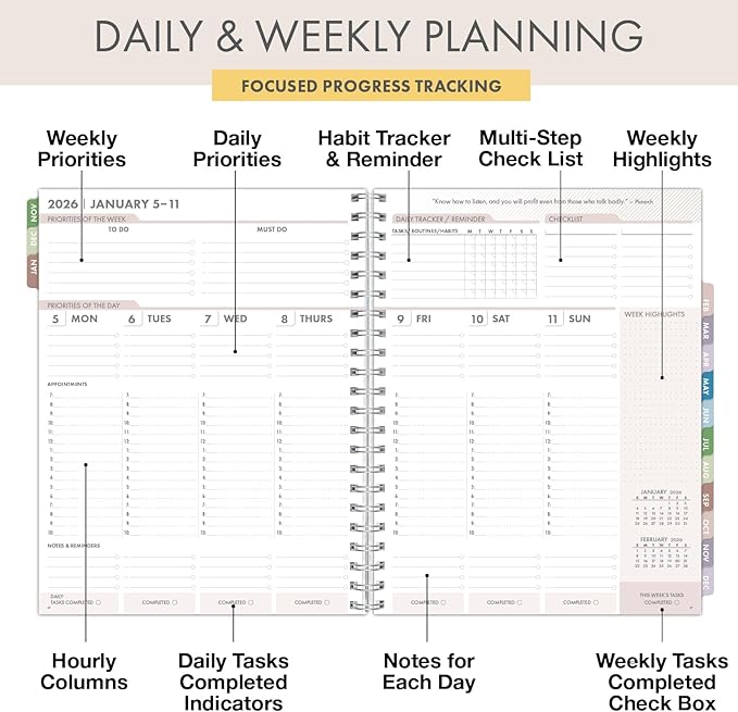 Essential PRO 2026 Daily, Weekly & Monthly Planner, 8.5"x11": 14 Months (Nov 2025 - Dec 2026) Monthly Tabs,Daily Tracking,Notes Pages,Storage Pocket,Bookmark w Sticky Notes (Tree Seasons)