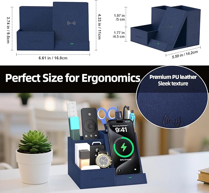 TopMade Wireless Charger with Desk Nightstand Organizer, Leather Pen Pencil Holder Bedside Fast Charging Station, for iphone Charging Stand Office Supplies Desk Accessories, Gifts for Men(Blue)