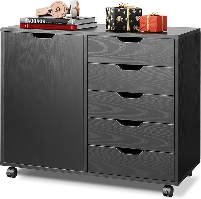 DEVAISE 5-Drawer Wood Dresser Chest with Door, Mobile Storage Cabinet, Printer Stand for Home Office, Black
