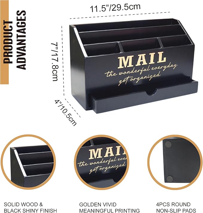 Wooden Black Rustic Countertop Mail Storage Holder with Drawer and Compartments - Office Desk Accessories and Workspace Organizers - Desktop Sorter for Pen Stationery Letter Files Documents
