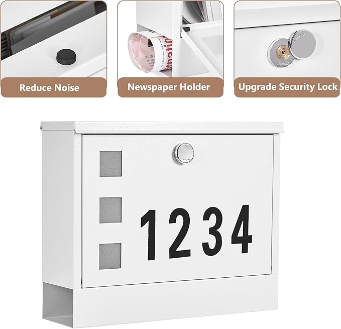 LAND·VOI Locking Mailbox Wall Mounted, Metal Postbox with Three Sets of Mail Box Number Stickers, 4 Keys, 14.4" x 4.5" x 11.2", Large Capacity, Textured White, AMB11W