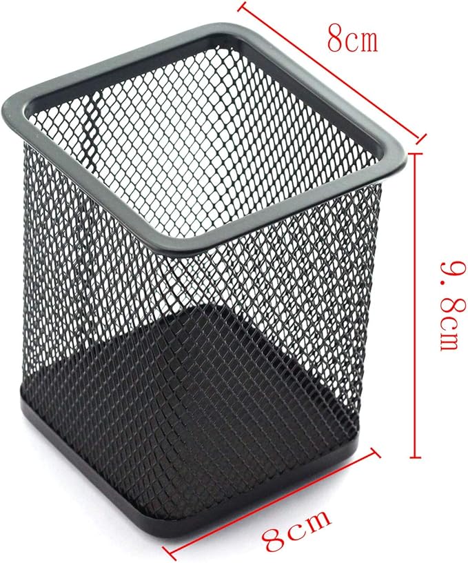 1-Pack Mesh Pen Holder Square Shape Pencil Container Multipurpose Metal Hollow Out Desktop Storage Organizer for Student Stationery Office Supplies(Black)