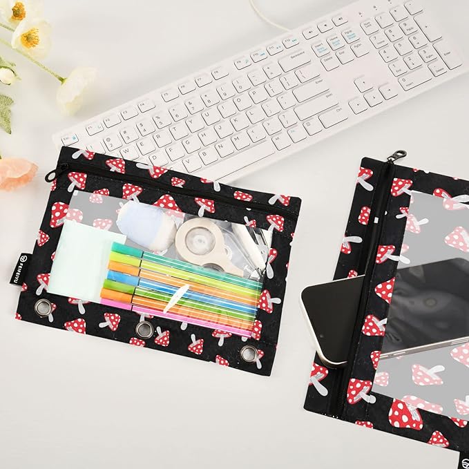 ALAZA Pencil Pouch for 3 Ring Binder, Cartoon Forest Red Mushrooms Binder Pencil Pouches with Clear Window Zipper Pencil Case Cosmetic Bags for Office College Supplies, 2PCS