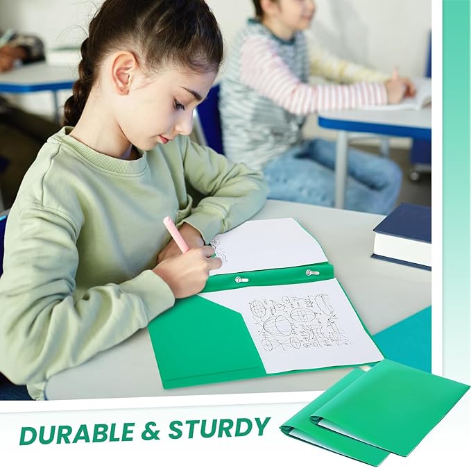 Yeaqee 60 Pcs Plastic Folders with Pockets and Prong Plastic Folders with 2 Pockets Pocket for Office, School for Students, Teachers, Office Workers (Green)