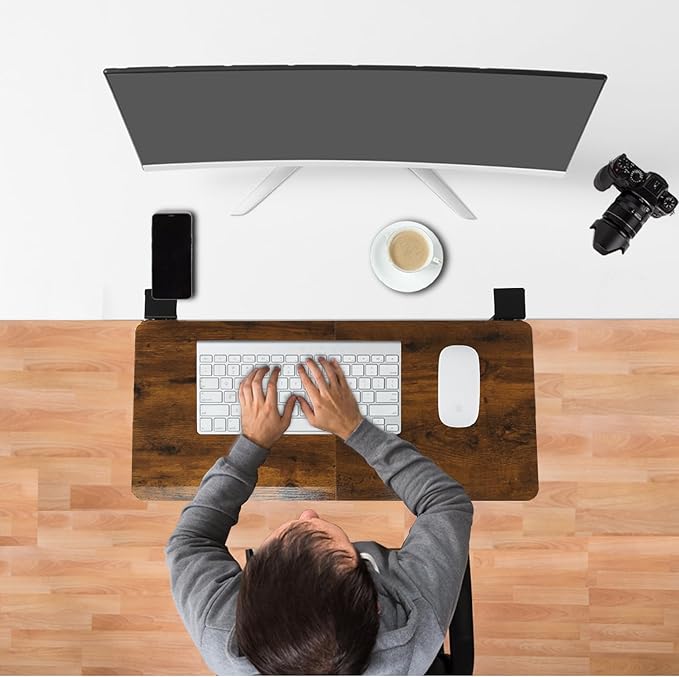 ETHU Ergonomics Desk Extender Tray, 25.5"x11.4" Large Size Foldable Keyboard Drawer Tray Clamp On, Armrest Support for Home and Office (Wood)